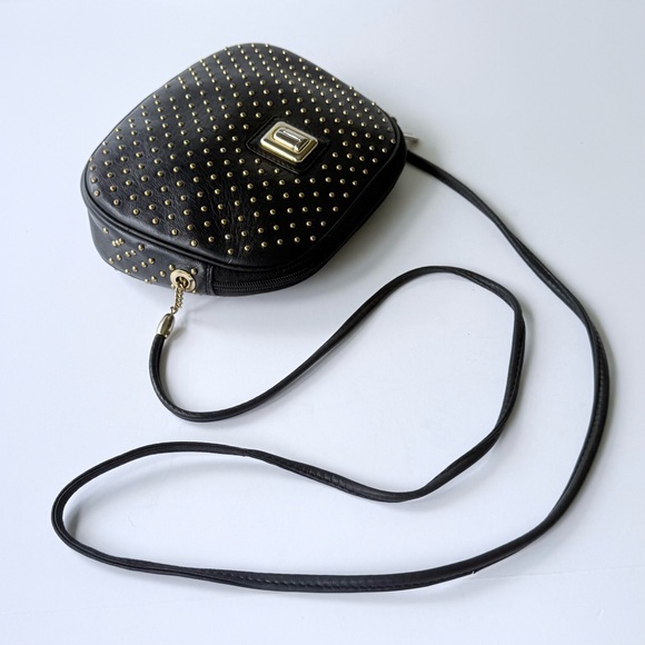 Vintage Judith Leiber Black Leather Gold Studded Red Lined Crossbody Bag Spain - Picture 3 of 16